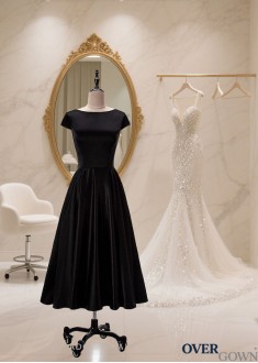 Elegant Black Satin Tea-Length A-Line Dress with Bateau Neckline and Cap Sleeves