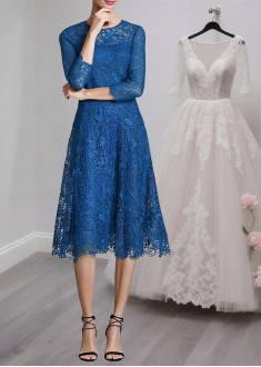 Blue Lace Tea-Length A-Line Mother of the Bride Dress with Illusion Sleeves Blue Lace Tea-Length A-Line Mother of the Bride Dress with Illusion Sleeves