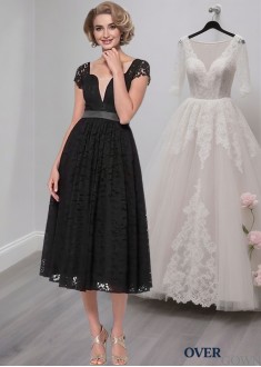 Elegant Black Lace A-Line Tea-Length Dress with Cap Sleeves Elegant Black Lace A-Line Tea-Length Dress with Cap Sleeves
