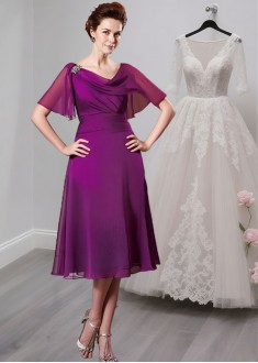 Chiffon Tea-Length A-Line Mother of the Bride Dress with Cowl Neckline