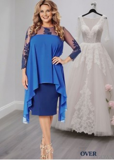 Blue Jewel Neck Tea-Length Mother of the Bride Dress With Long Sleeves