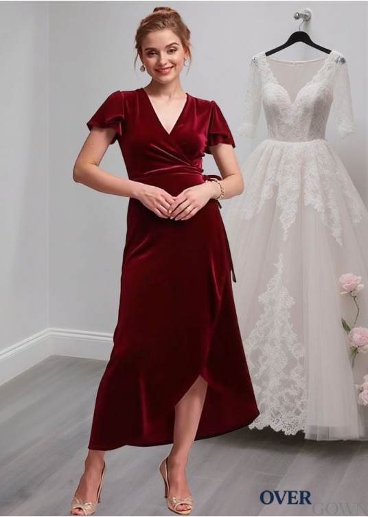 Velvet V-Neck Tea-Length Sheath Mother of the Bride Dress – Elegant Occasion Wear Velvet V-Neck Tea-Length Sheath Mother of the Bride Dress – Elegant Occasion Wear
