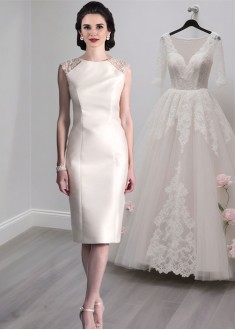 Short Satin Mother of the Bride Dresses with Jewel Neckline Short Satin Mother of the Bride Dresses with Jewel Neckline