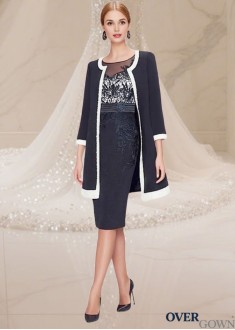 Scoop Neck Mother of the Bride Dress with Jacket – Knee Length Tulle & Satin Elegance