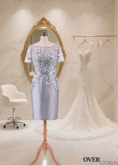 Elegant Short Lace Taffeta Dress with Bateau Neckline and Illusion Sleeves