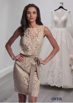 Short Lace Satin Mother of the Bride Dress – Scoop Neck Sheath Mini Formal Gown Short Lace Satin Mother of the Bride Dress – Scoop Neck Sheath Mini Formal Gown