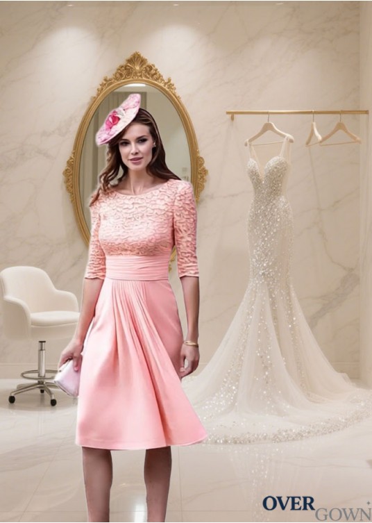 A-Line Lace Chiffon Knee-Length Mother of the Bride Dress with Coat Jacket Sleeve A-Line Lace Chiffon Knee-Length Mother of the Bride Dress with Coat Jacket Sleeve