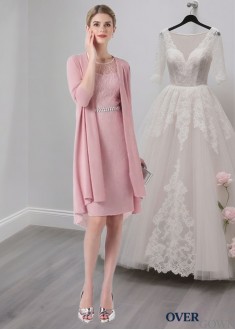 Elegant Pink Lace Scoop Neck Knee-Length Mother of the Bride Dress
