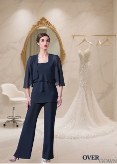 Square Neck Chiffon Three-Piece Formal Pantsuit for Mother of the Bride