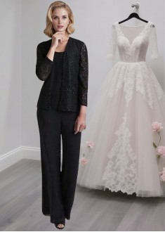 Black Lace Chiffon Mother of the Bride Pantsuit with Scoop Neck and Jacket Black Lace Chiffon Mother of the Bride Pantsuit with Scoop Neck and Jacket