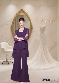 Chiffon Scoop Neck Full-Length Mother of the Bride Pantsuit with Jacket