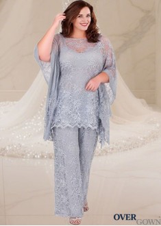 Lace Mother of the Bride Pantsuit with Illusion Sleeves – Full Length Elegance