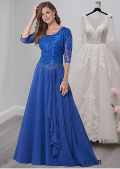 Blue Scoop Neck Chiffon A-Line Mother of the Bride Dress with Half Sleeves