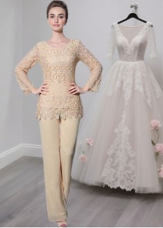 Jewel Neck Lace Chiffon Mother of the Bride Pantsuits with Long Sleeves Jewel Neck Lace Chiffon Mother of the Bride Pantsuits with Long Sleeves