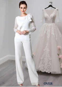 White Chiffon Jewel Neck Long Sleeves Full Length Mother of the Bride Suits