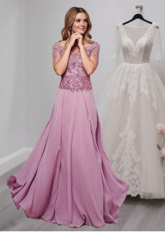 Chiffon V-Neck Mother of the Bride Dress – Full Length A-Line Gown with Sleeves
