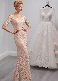 Full Length Lace Mother of the Bride Dress – Scoop Neck Sheath Gown with Sleeves