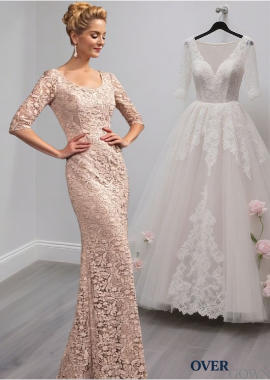 Full Length Lace Mother of the Bride Dress – Scoop Neck Sheath Gown with Sleeves Full Length Lace Mother of the Bride Dress – Scoop Neck Sheath Gown with Sleeves