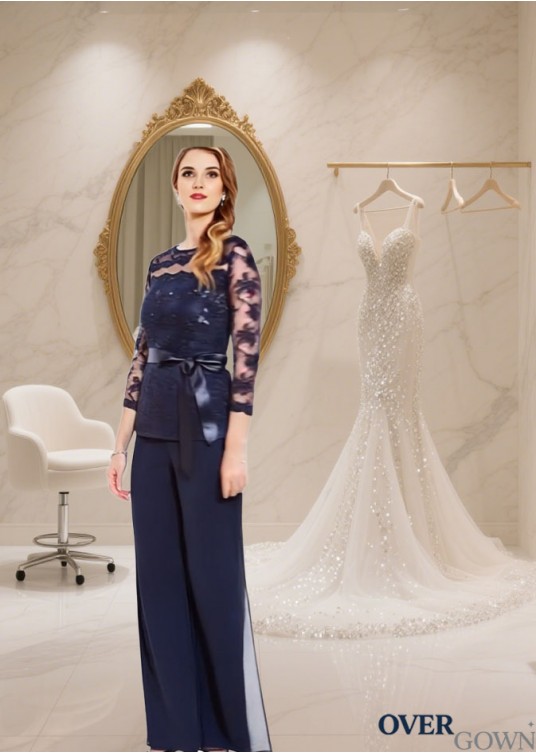 Long Sleeves Mother of the Bride Pantsuit with Bateau Neck and Lace Flower Long Sleeves Mother of the Bride Pantsuit with Bateau Neck and Lace Flower