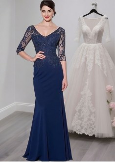 Elegant Blue V-Neck Tulle & Chiffon Sheath Mother of the Bride Dress