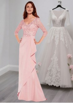 V-Neck Pink Satin Floor Length Half Sleeve Prom Dress With Beading