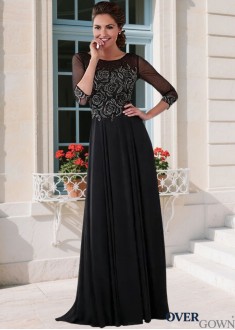 Full Length Chiffon Mother of the Bride Gown A-Line Jewel Illusion Sleeve