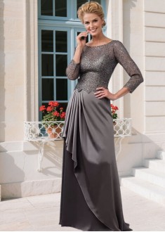 Elegant Satin Chiffon & Lace Mother of the Bride Dress – Bateau Neck A-Line Gown with Illusion Sleeves, Full Length