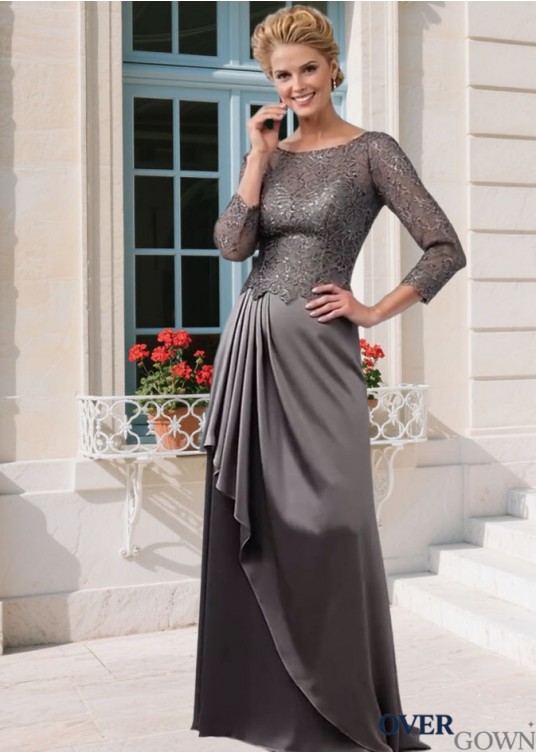 Elegant Satin Chiffon & Lace Mother of the Bride Dress – Bateau Neck A-Line Gown with Illusion Sleeves, Full Length Elegant Satin Chiffon & Lace Mother of the Bride Dress – Bateau Neck A-Line Gown with Illusion Sleeves, Full Length