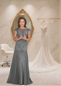 Full-Length Tulle Mermaid Mother of the Bride Dress with Bateau Neckline Full-Length Tulle Mermaid Mother of the Bride Dress with Bateau Neckline