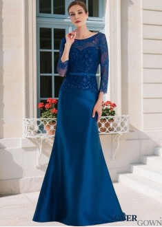 Illusion Sleeve Lace Satin Trumpet MOB Dress