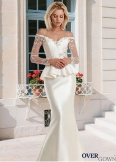 Illusion Sleeve Satin Trumpet MOB Dress White