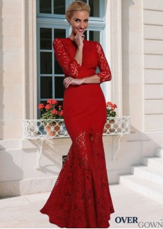Red Lace Tulle Full Length Mother of the Bride Gown