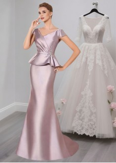 Satin V-Neck Cap Sleeve Mermaid Mother of the Bride Formal Dress
