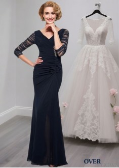 Shop V-Neck Chiffon Mermaid Mother of the Bride Dress with 3/4 Sleeves Shop V-Neck Chiffon Mermaid Mother of the Bride Dress with 3/4 Sleeves