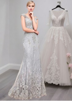 Tulle V-Neck Mother of the Bride Dress – Full Length Sheath Gown with Cap Sleeves Tulle V-Neck Mother of the Bride Dress – Full Length Sheath Gown with Cap Sleeves