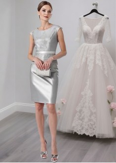 Short Jewel Neck Satin Knee Length Mother of the Bride Dresses