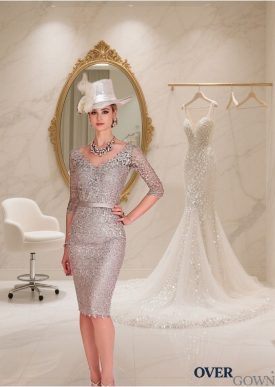 V Neck Lace Illusion Sleeve Knee Length Sheath Dress for Mother of the Bride V Neck Lace Illusion Sleeve Knee Length Sheath Dress for Mother of the Bride