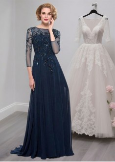 Elegant Chiffon Bateau Neck Illusion Sleeve A-Line Mother of the Bride Dress Elegant Chiffon Bateau Neck Illusion Sleeve A-Line Mother of the Bride Dress