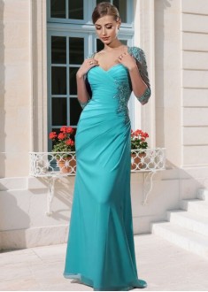 Elegant Chiffon Queen Anne Neck Mother of the Bride Dress with Illusion Sleeves – Full Length Column Gown