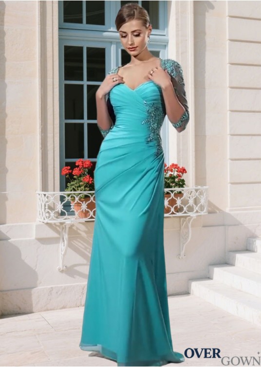 Elegant Chiffon Queen Anne Neck Mother of the Bride Dress with Illusion Sleeves – Full Length Column Gown Elegant Chiffon Queen Anne Neck Mother of the Bride Dress with Illusion Sleeves – Full Length Column Gown