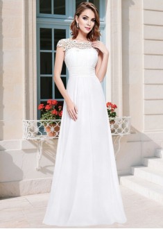 White Chiffon & Lace Bateau A-Line Mother of the Bride Dress with Cap Sleeves