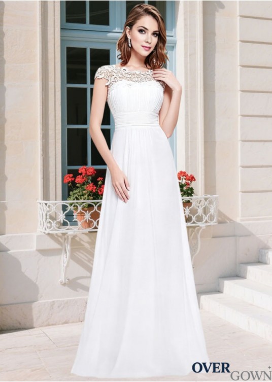 White Chiffon & Lace Bateau A-Line Mother of the Bride Dress with Cap Sleeves White Chiffon & Lace Bateau A-Line Mother of the Bride Dress with Cap Sleeves