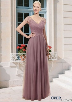 V-Neck Cap Sleeve Tulle & Satin A-line Full Mother Dress