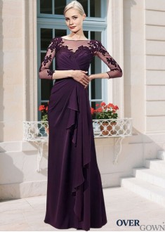 Full Length Purple Sheath Mother of the Bride Gown Chiffon Illusion Sleeves