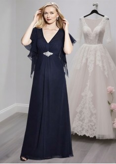 Navy Chiffon V-Neck Mother of the Bride Dress with Cap Sleeves – Evening Gown