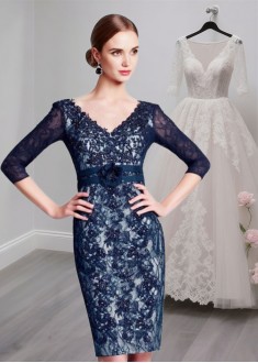 Lace V-Neck Illusion Sleeve Knee-Length Mother of the Bride Dress Lace V-Neck Illusion Sleeve Knee-Length Mother of the Bride Dress