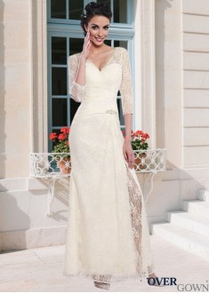 Elegant Lace V-Neck Mother of the Bride Dress – Full Length Sheath with Illusion Sleeves Elegant Lace V-Neck Mother of the Bride Dress – Full Length Sheath with Illusion Sleeves