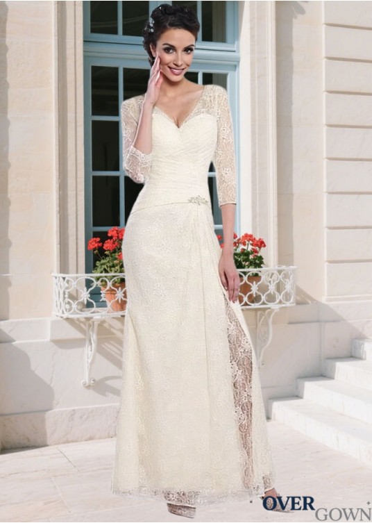 Elegant Lace V-Neck Mother of the Bride Dress – Full Length Sheath with Illusion Sleeves Elegant Lace V-Neck Mother of the Bride Dress – Full Length Sheath with Illusion Sleeves
