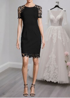 Black Short Illusion Sleeve Tulle & Satin Mother of the Bride Dress with Jewel Neckline Black Short Illusion Sleeve Tulle & Satin Mother of the Bride Dress with Jewel Neckline