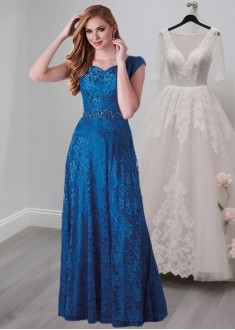 Blue Lace Scoop Neck Mother of the Bride Dress – Full-Length A-Line with Cap Sleeves
